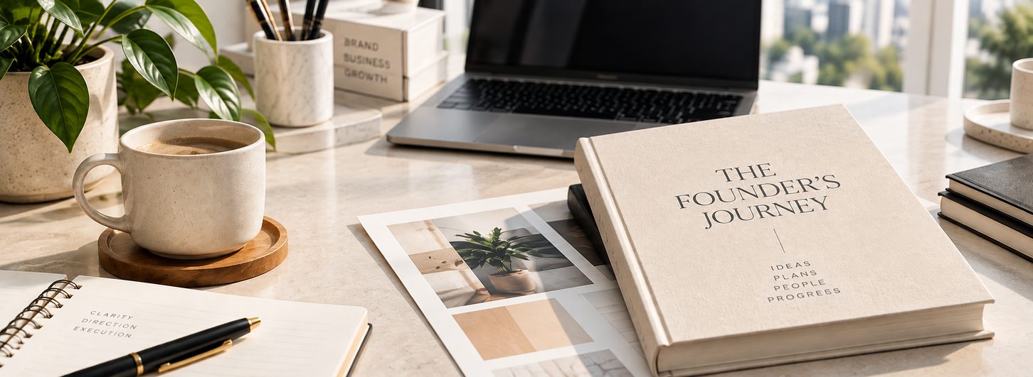 A founder's desk with coffee, a notebook and a book titled The Founder's Journey