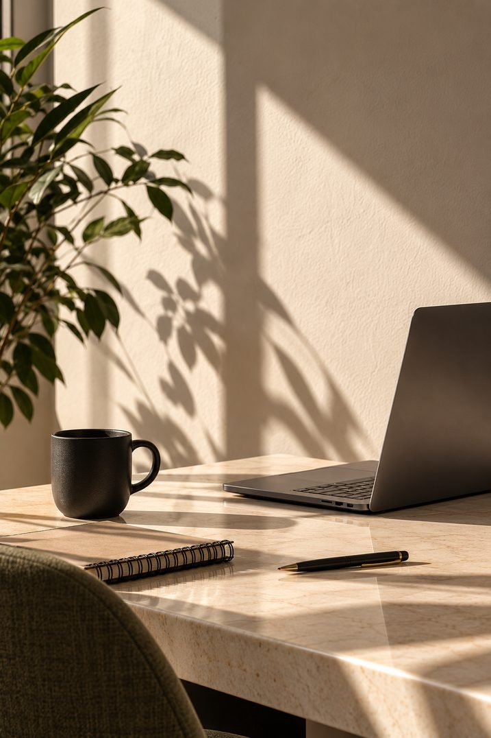 A laptop on a marble desk in warm, shadow-patterned light